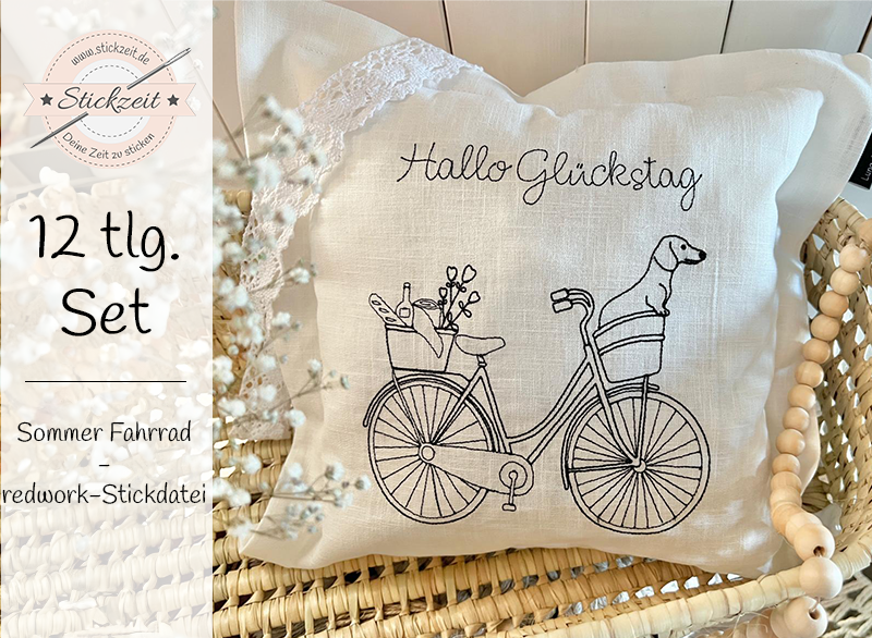 Sommer Fahrrad - redwork Stickdatei